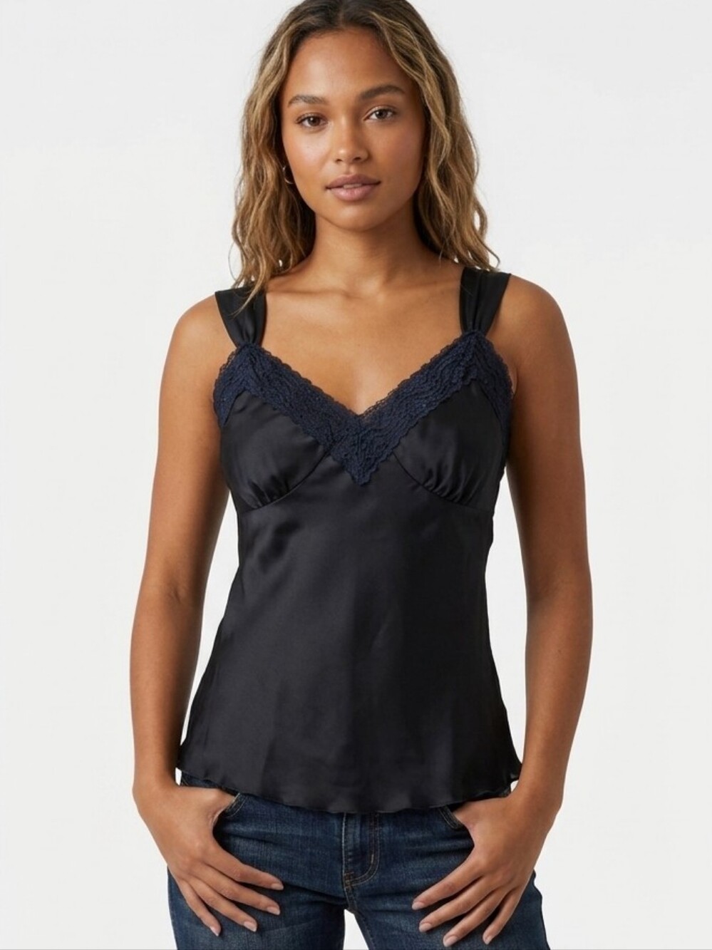 Vtg Nine & Co. by Nine West Y2K Black Satin Lace Trim V-Neck Camisole Tank Top 6